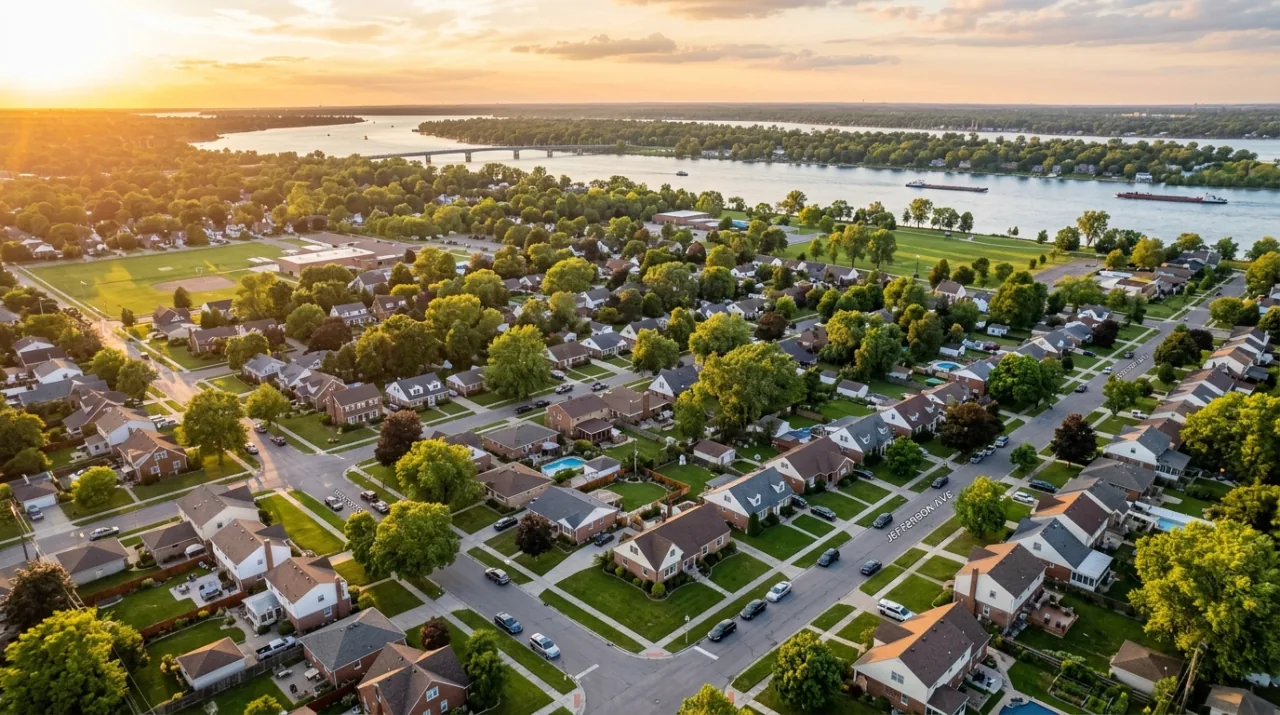 Aerial view of a Wayne County Michigan neighborhood at sunset