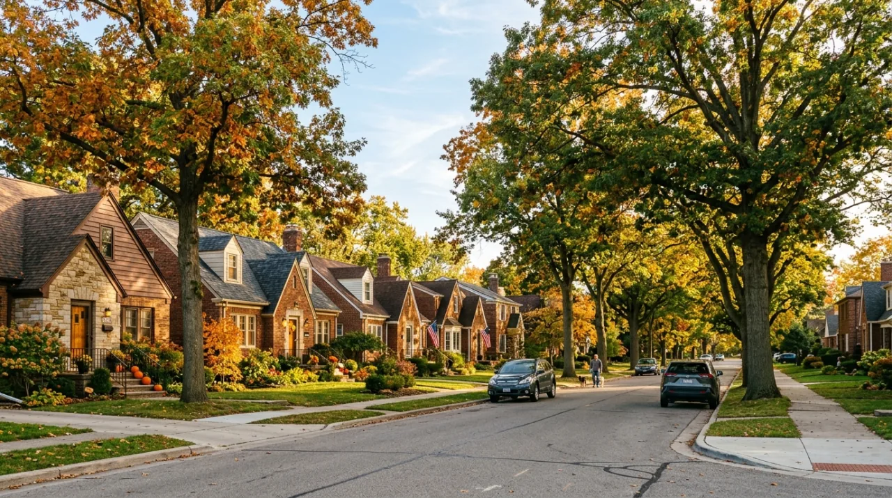 Aerial view of a Wayne County Michigan neighborhood at sunset